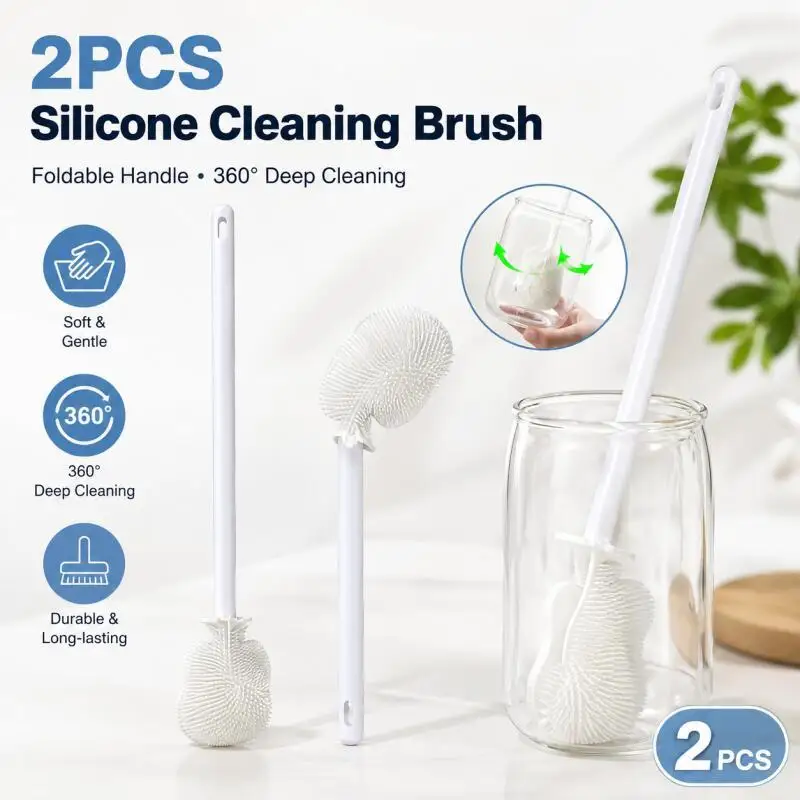 2PCS Foldable Bottle Cleaning Brush Set,  Rotating Long Handle Brush for Cups, Mugs & Narrow Openings