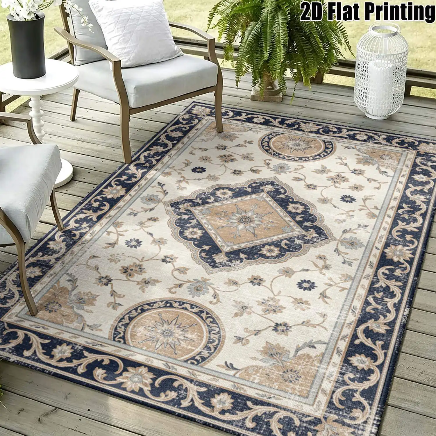 1Pc 2D Printed Carpet with Blue-Gray Scrolling Floral Patterns Ideal Home Decor, Machine Washable, Multi-Size, Suitable for Use in Multiple Settings.