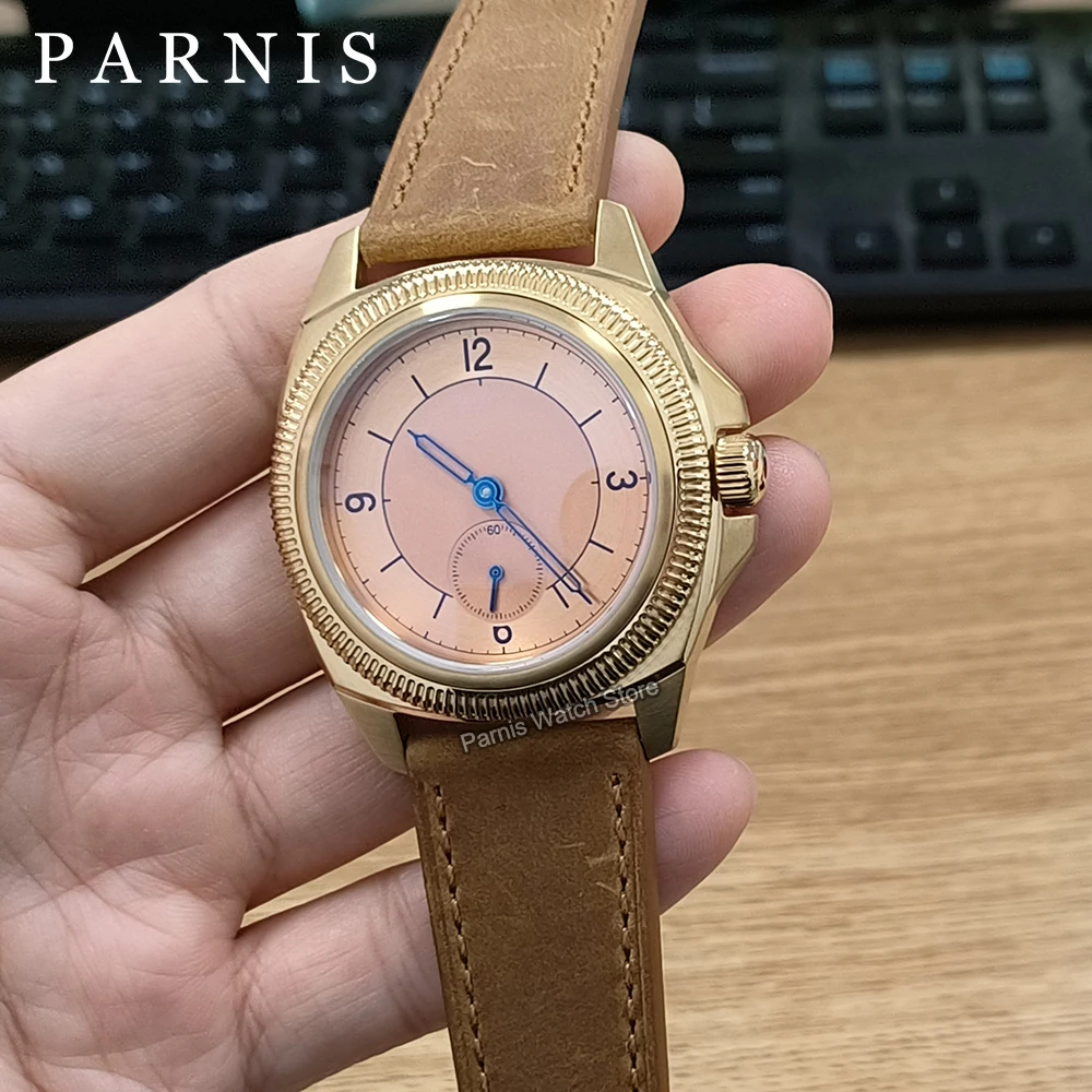 

Parnis 38 мм розовый циферблат коричневый ремешок золотой корпус Seagull1701, автоматические механические выпуклые мужские часы Hardlex, кожаный ремешок