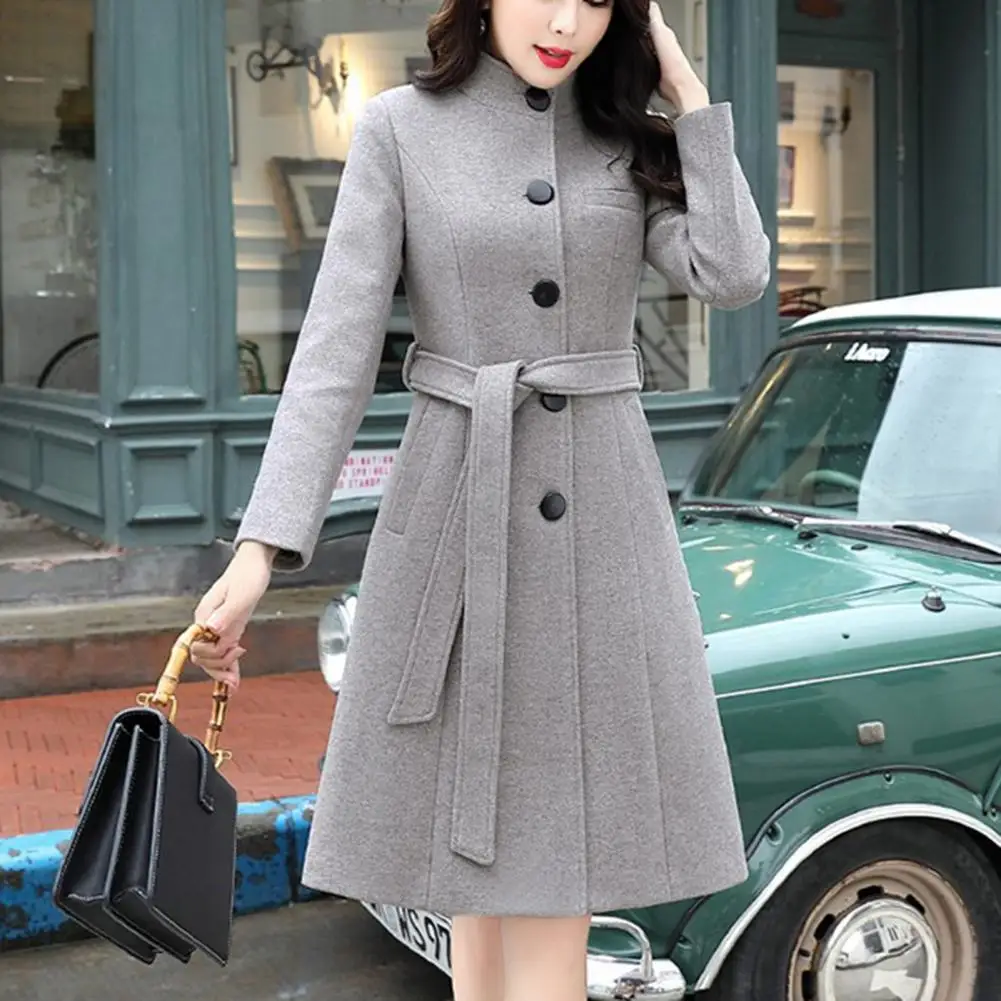 Abrigo de Otoño Invierno para mujer, abrigo de lana de un solo pecho con cuello levantado de Color sólido, abrigo holgado de longitud media con bolsillos para mujer