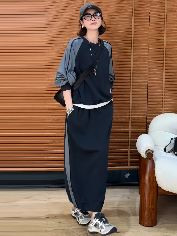 

Korean Sle Loose Feel Versatile Set Women's Spring Autumn New Loose Sweatirt High Waist Skirt Two Piece Set