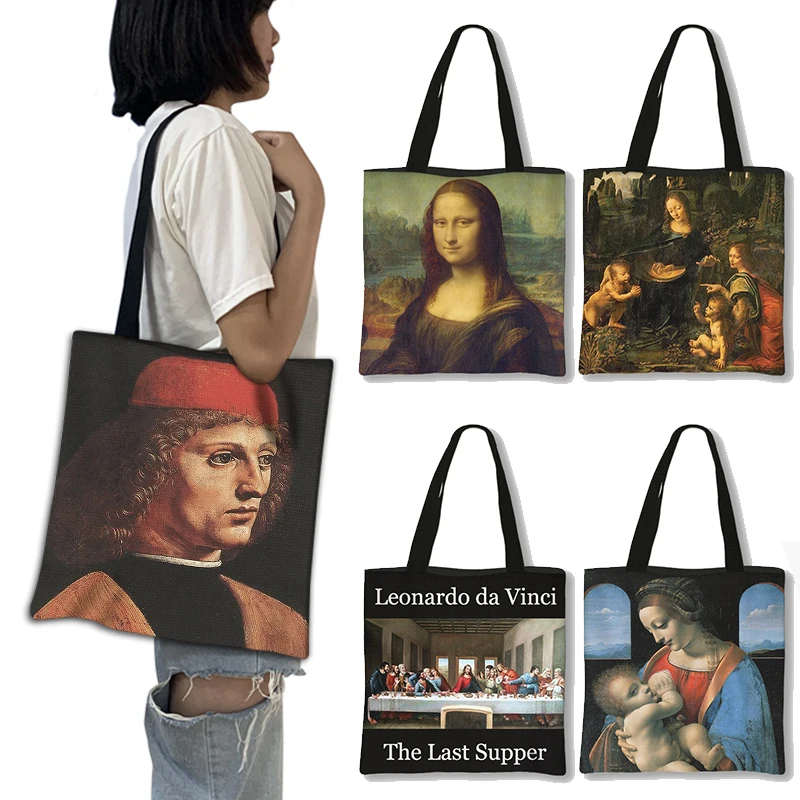 

Mona Lisa Da Vinci Oil Painting Handbag Women Shoulder Bags Vintage Vergine delle Rocce Tote Bag Casual Shopping Bags Gift