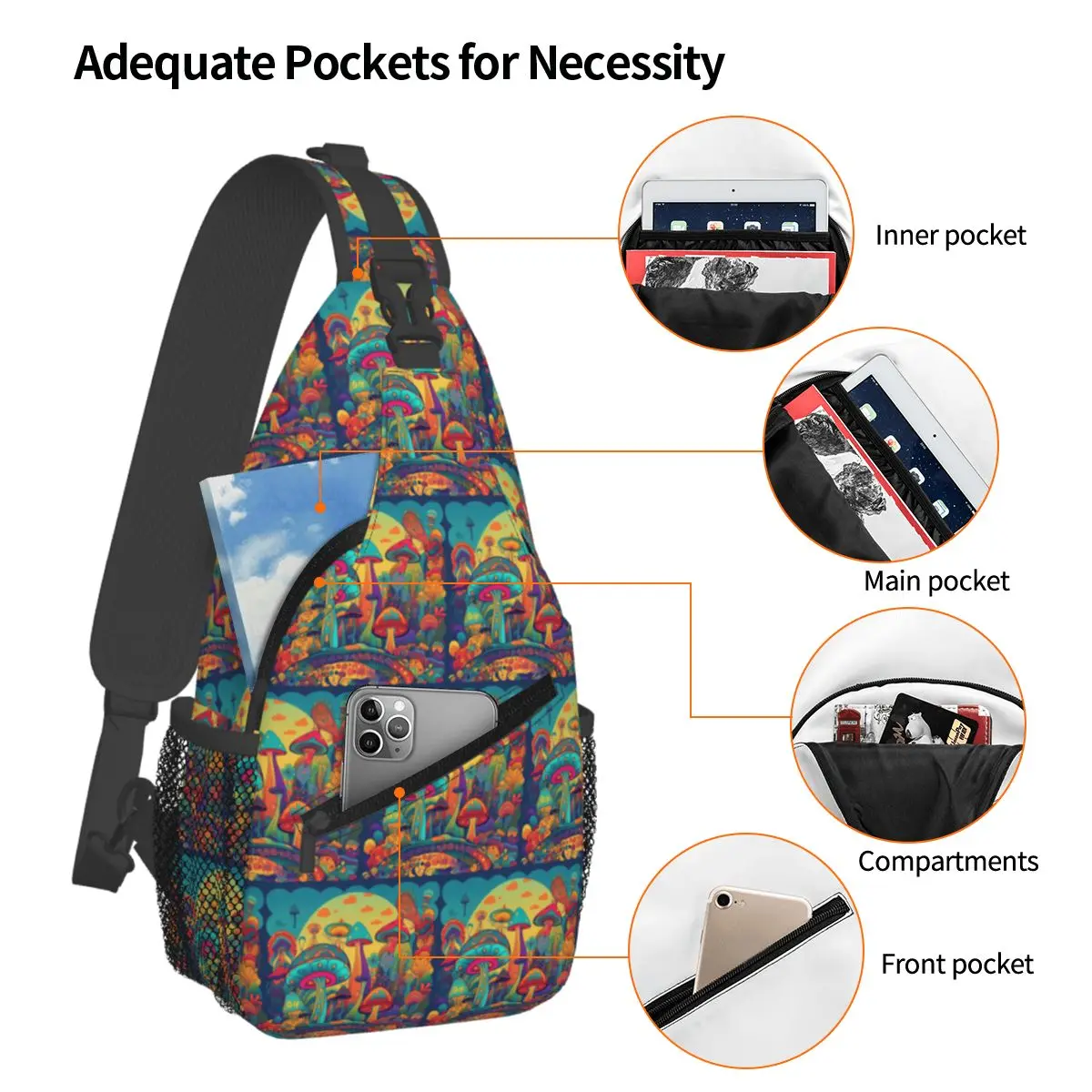 Other Trippy Mushroom Chest Bag Men Sling Crossbody Backpack Chest Bag Travel Hiking Daypack Shoulder Bag