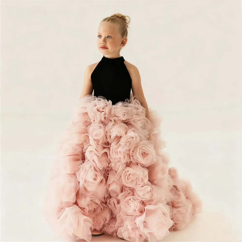 

Luxury Flower Girl Wedding Dress Velvet High Neck Sleeveless with Bow Puffy Gown Princess Birthday Party Dress Customized