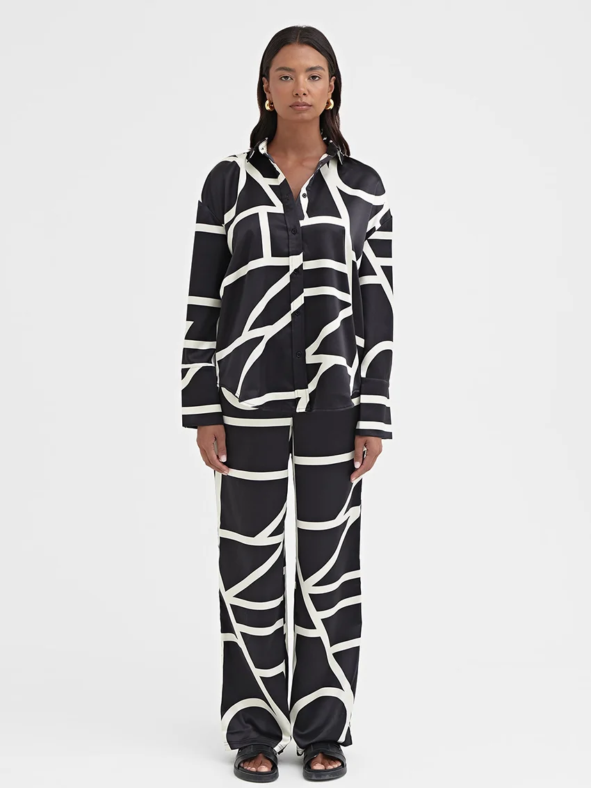 

Marthaqiqi Printing Women Nightgowns Suit Turn-Down Collar Sleepwear Long Sleeve Pyjamas Wide Leg Pants Casual Ladies Pajama Set
