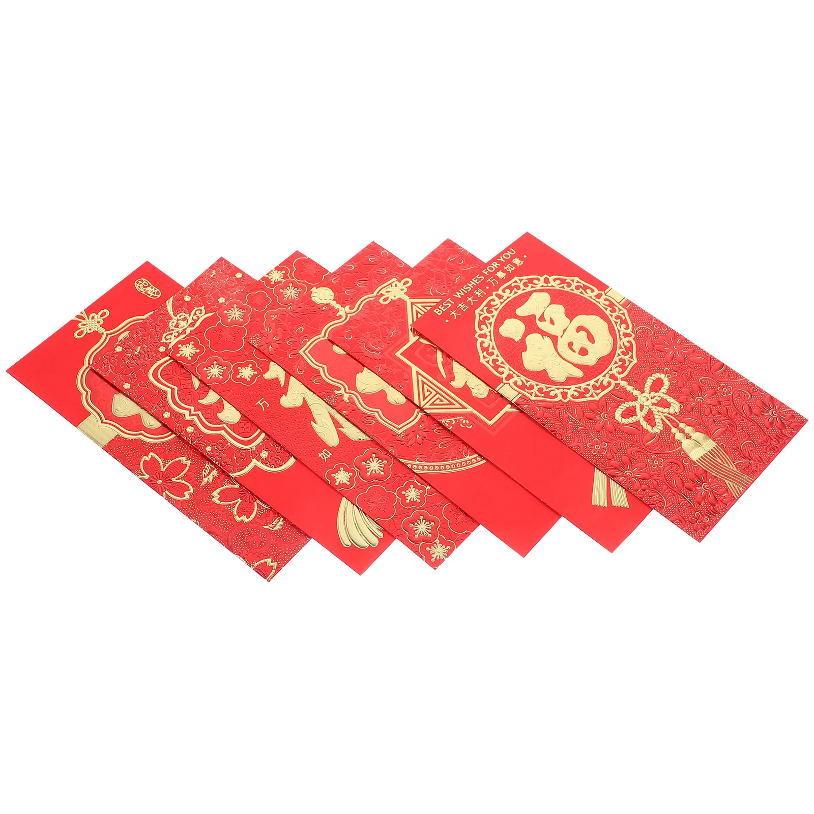ซองอั่งเปาแดงตรุษจีนสุดหรู 6 ชิ้น ลายฟู่แบบดั้งเดิม ซองใส่เงินนำโชคสำหรับเทศกาล ปี 2024