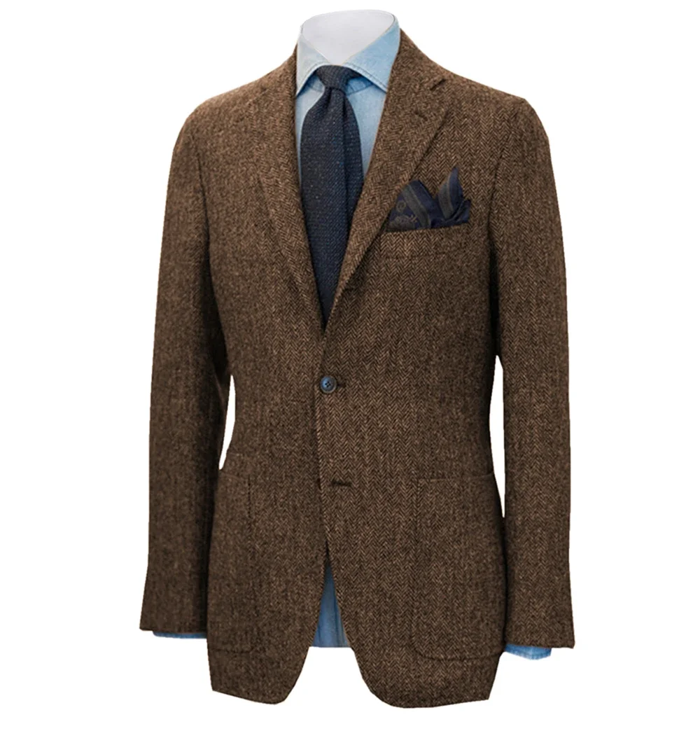 Men\'s Suit Brown Herringbone Blazer Prom Tuxedos Wool Tweed Single Breasted Formal Bussiness/Wedding Prom Jacket（Only Coat）
