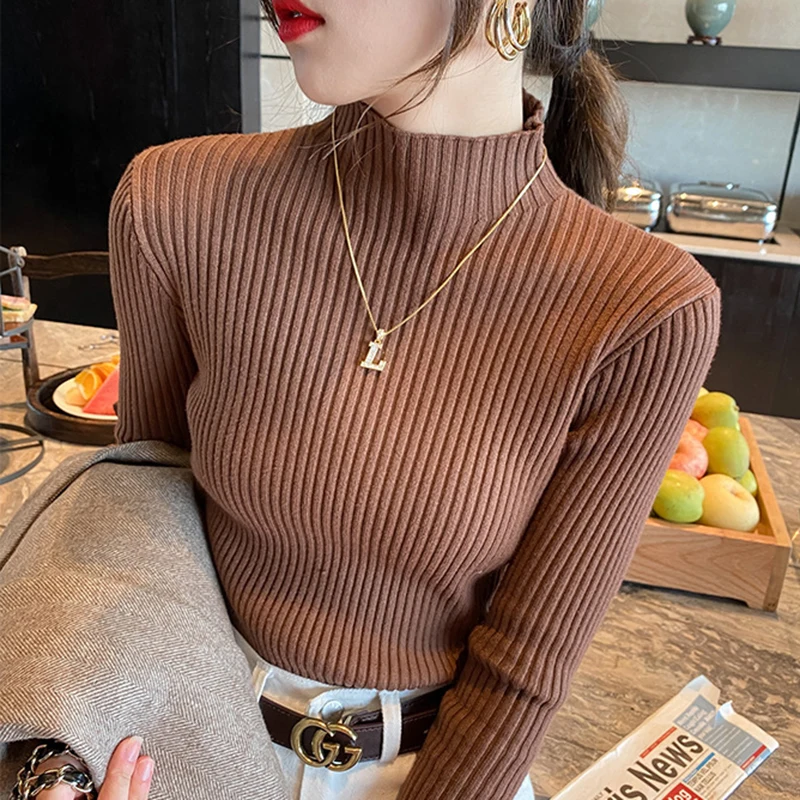 

Epligg Women Turtlneck Sweater Long Sleeve Casual Slim Pullover Fashion Simple Chic Clothes Elegant Solid Basic Knitted Tops