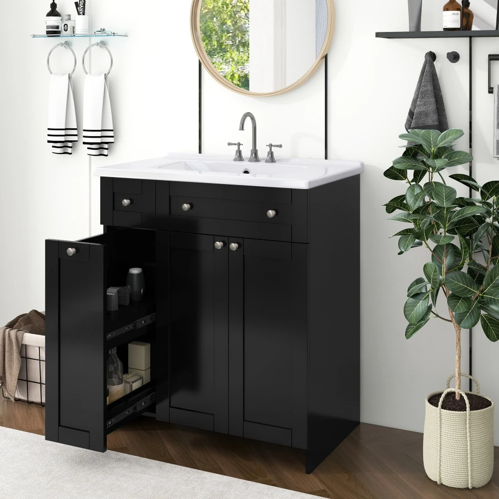 

30-Inch Black Bathroom Vanity with Ceramic Sink Combo, Abundant Storage Cabinet - 2 Soft-close Doors and Double-tier Deep Drawer