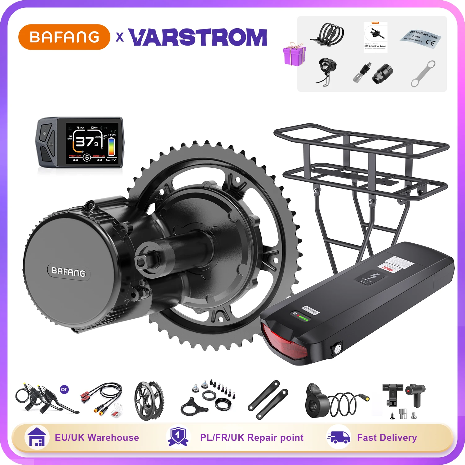 Bafang Mid Drive Kit Electric Bike Motor eBike Conversion Kits 250W 350W 500W 750W 1000W Bicycle Engine with Rear Rack Battery