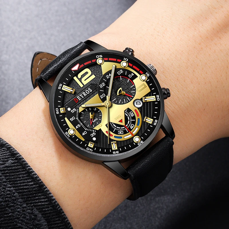 2PCS Men\'s Casual Quartz Watch and Wallet Black Round Quartz Watch With Men Business Watch Fashion Casual For Daily Sports