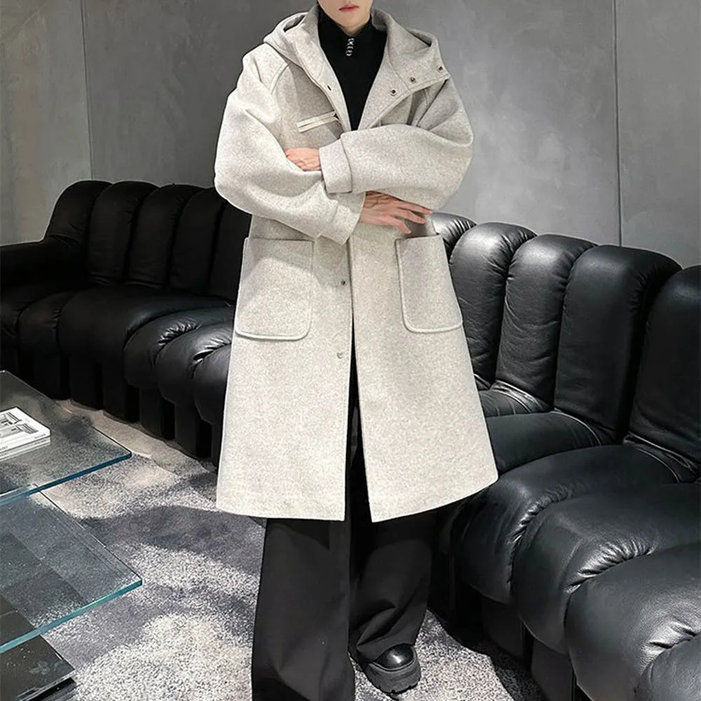 

Mens Imitation Wool Horn Button Loose Casual Mid-Length Hooded Windbreaker Autumn Streetwear Fashion Jacket Men'S Wear 2025 New