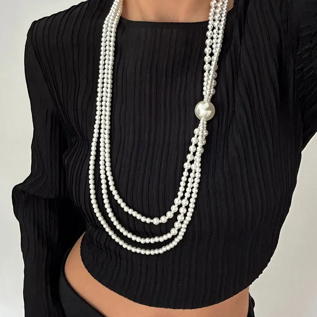 Ingemark Baroque Multilayer Imitation Pearl Long Chain Necklace Women Creative Elegant Sweater Chain Neck Accessories Jewelry