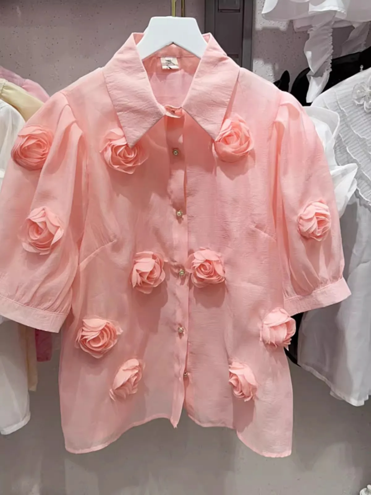 

Summer 2024 Elegant Pink Blouse Women Design 3D Flowers Thin Transparent Shirt Top Female French Style Half Puff Sleeve 43951