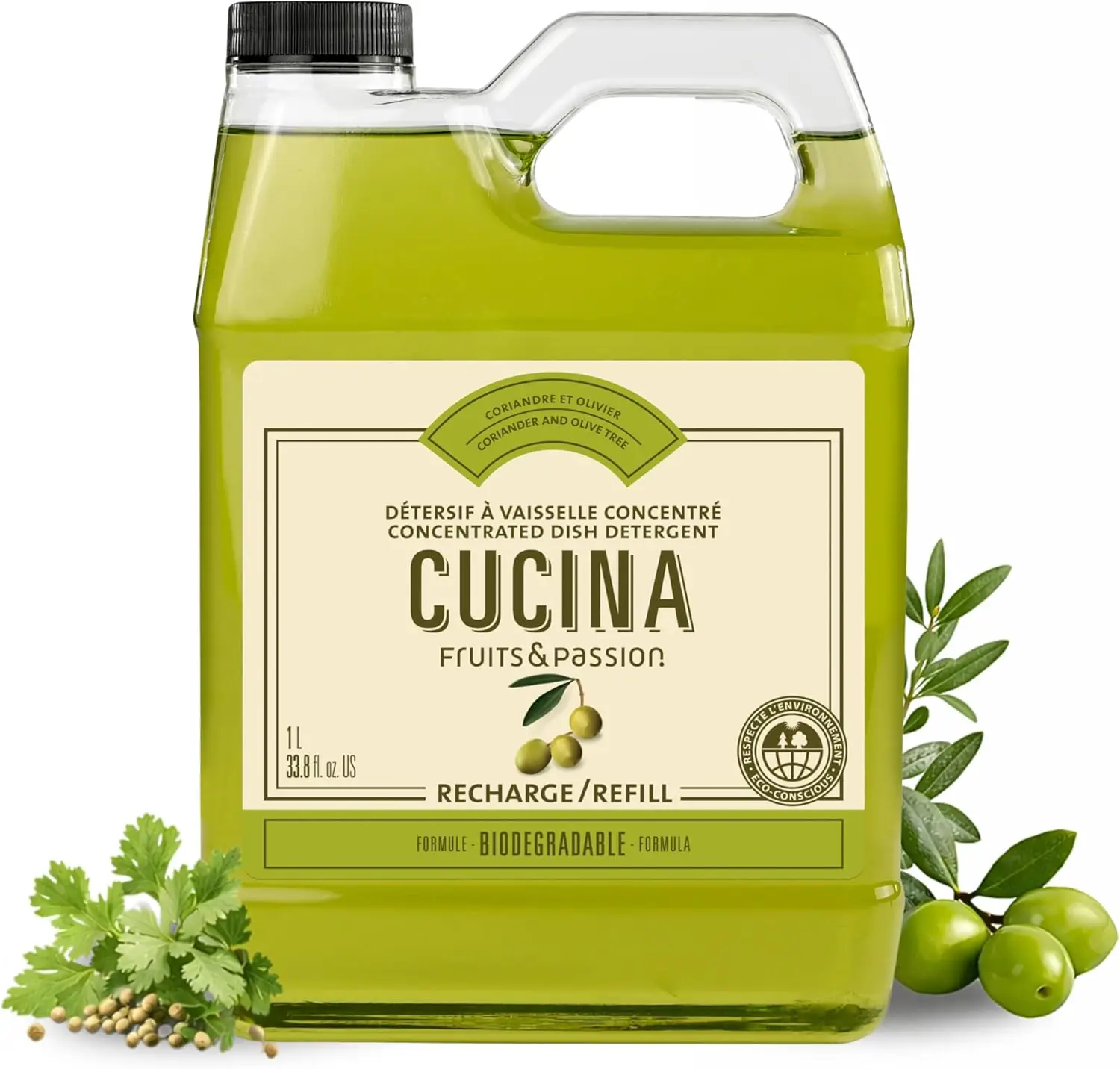 

Concentrated Liquid Dish Soap, Coriander & Olive Tree Scent, 33.8 fl oz (1 L), Biodegradable Formula with Grease-Cutting Power