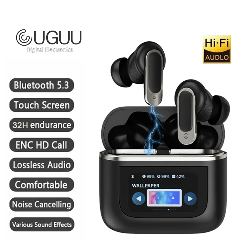 

2 Earphone V8 Wireless Bluetooth Headphone ANC Noise Cancelling Earbuds In Ear Touch Screen HD Mic Call Headset Sports Earphones