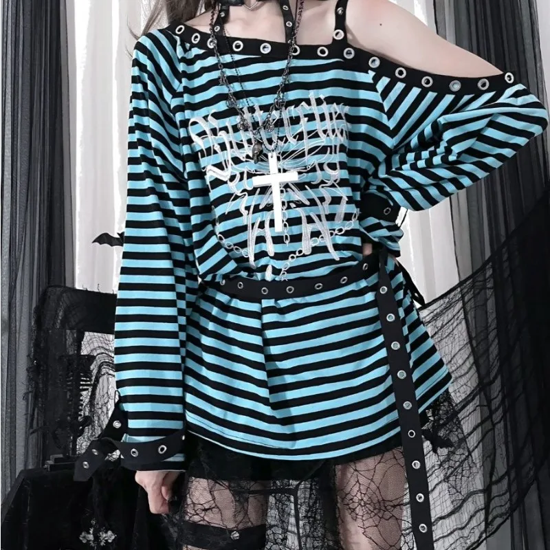 New Punk Black Blue Red Striped T Shirts Y2k Gothic Girls Off Shoulder Loose Butterfly Letter Long Sleeve Top Grunge Tees