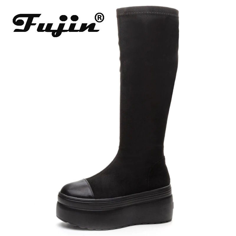 

Fujin 8cm Synthetic Cloth Streth Fabric Fashion British Spring Boots Knee High Boots Women Autumn Platform Wedge Leather Shoes