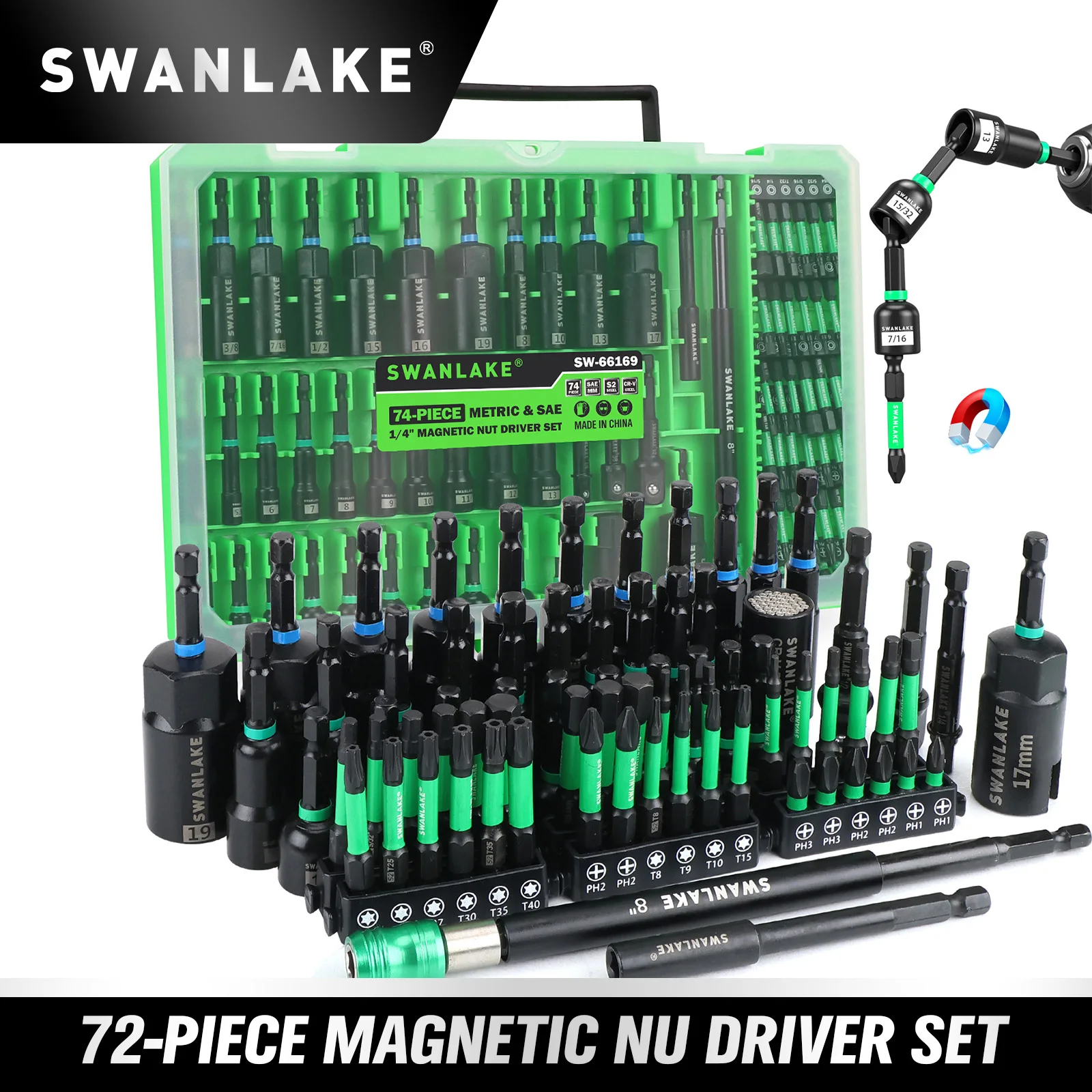 SWANLAKE 74Pcs Heavy Duty Magnetic Nut Driver Socket Set, CR-V Steel Metric SAE for Impact Drill Mechanic Workshop