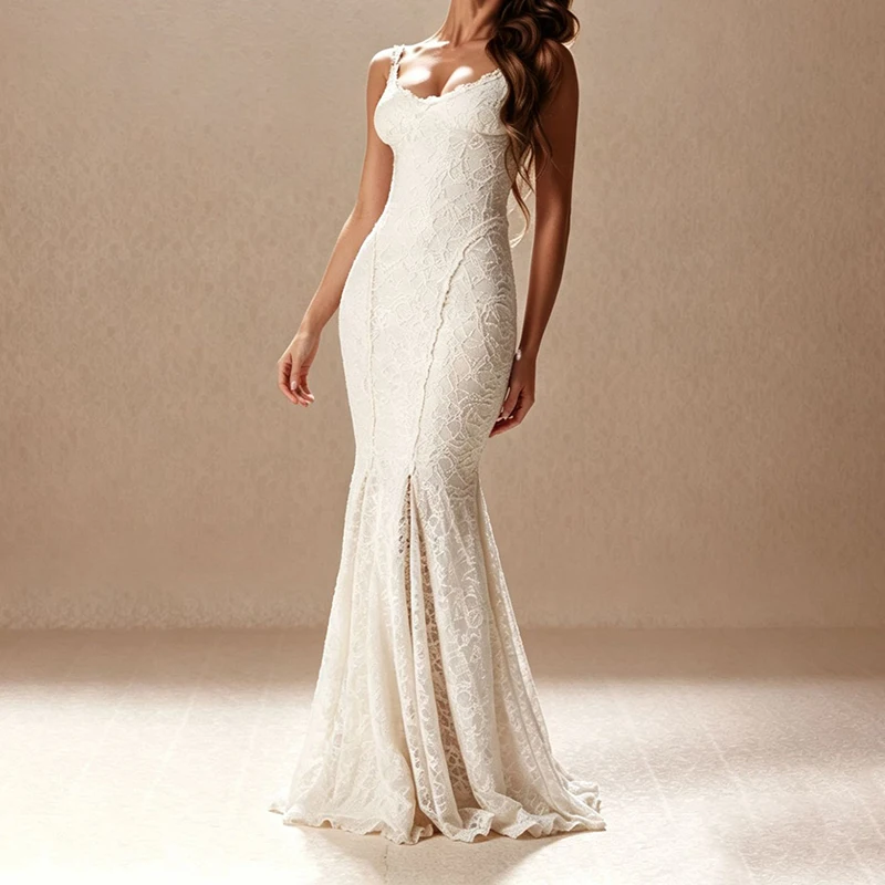 Vestido largo de sirena plisado con cuello en V sexy para mujer, vestido ajustado de verano blanco sin mangas con tirantes, estilo boho, con bordado de encaje.