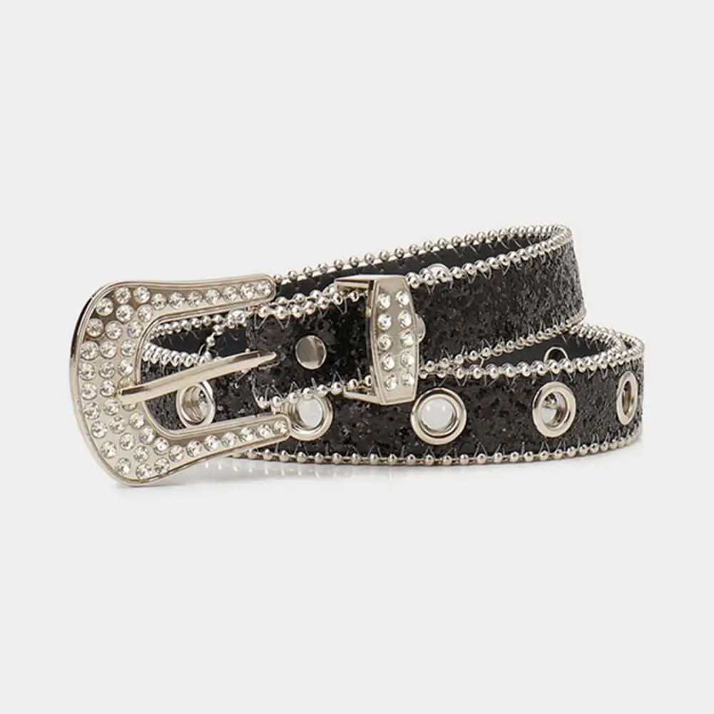 

Women Solid Color Belt Sparkling Rhinestone Women's Belt with Adjustable Length Street Style Imitation Leather Glitter Sequins