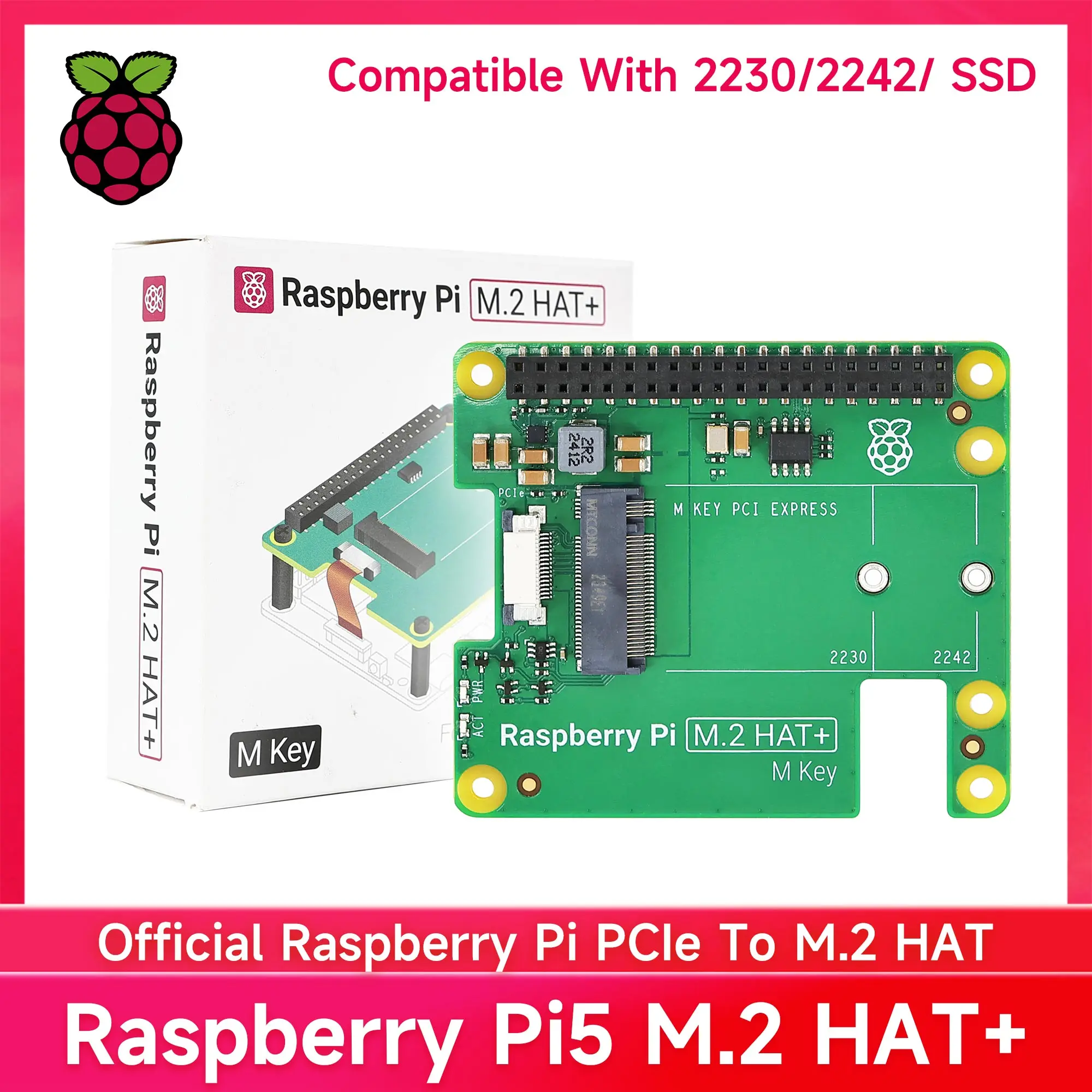 

Официальная плата расширения Raspberry Pi PCIe на M.2 HAT + Gen2 Gen3 NVME M.2 SSD 2230/2242 Размер M ключ PCI Express GPIO для PI5