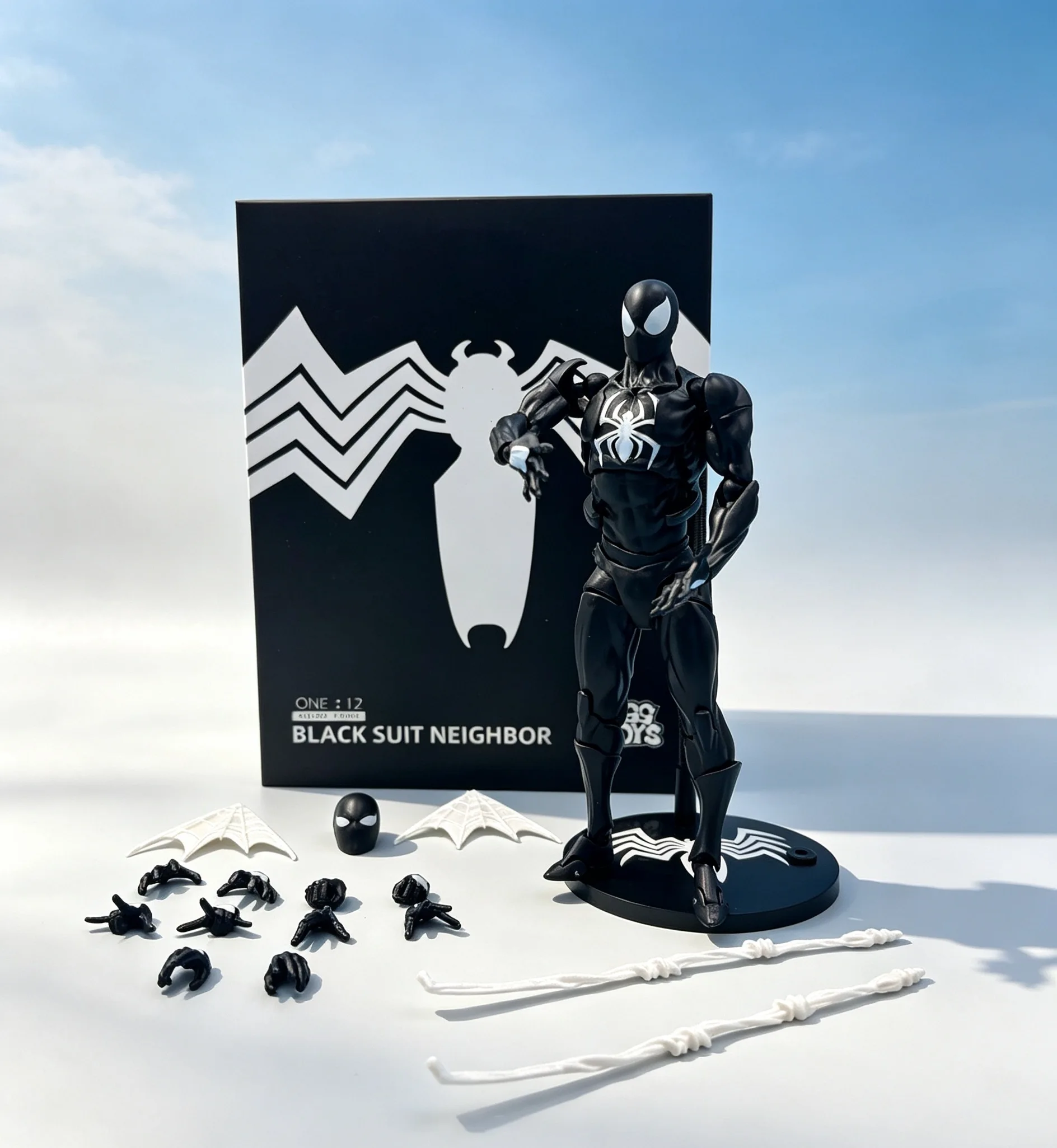 Bandai Black Suit Spider-Man Action Figure Venom Symbiote Suit Ultra-Articulated Figure Replacement Heads and Hands Web Accessor