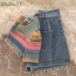 2023 Summer New Matching Set Women Korean Elegant Short Sleeve Top High Waist Denim Shorts Two Piece Female Chic Clothing Suit