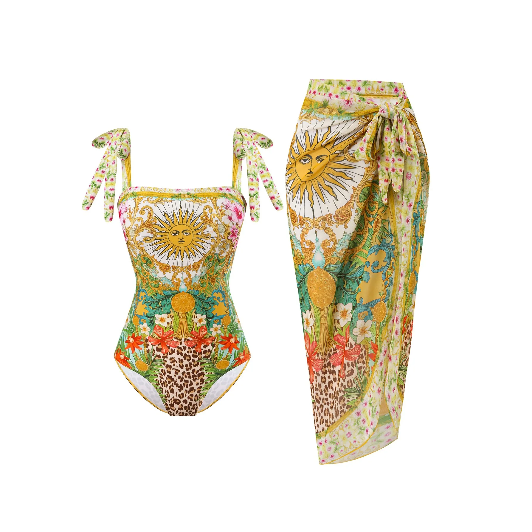 2026 Women Swimwear Blue Suspenders Swimsuit Two-piece set Summer Print Bodysuit Bikini Set Beach Style Wear Maxi Dress Skirt