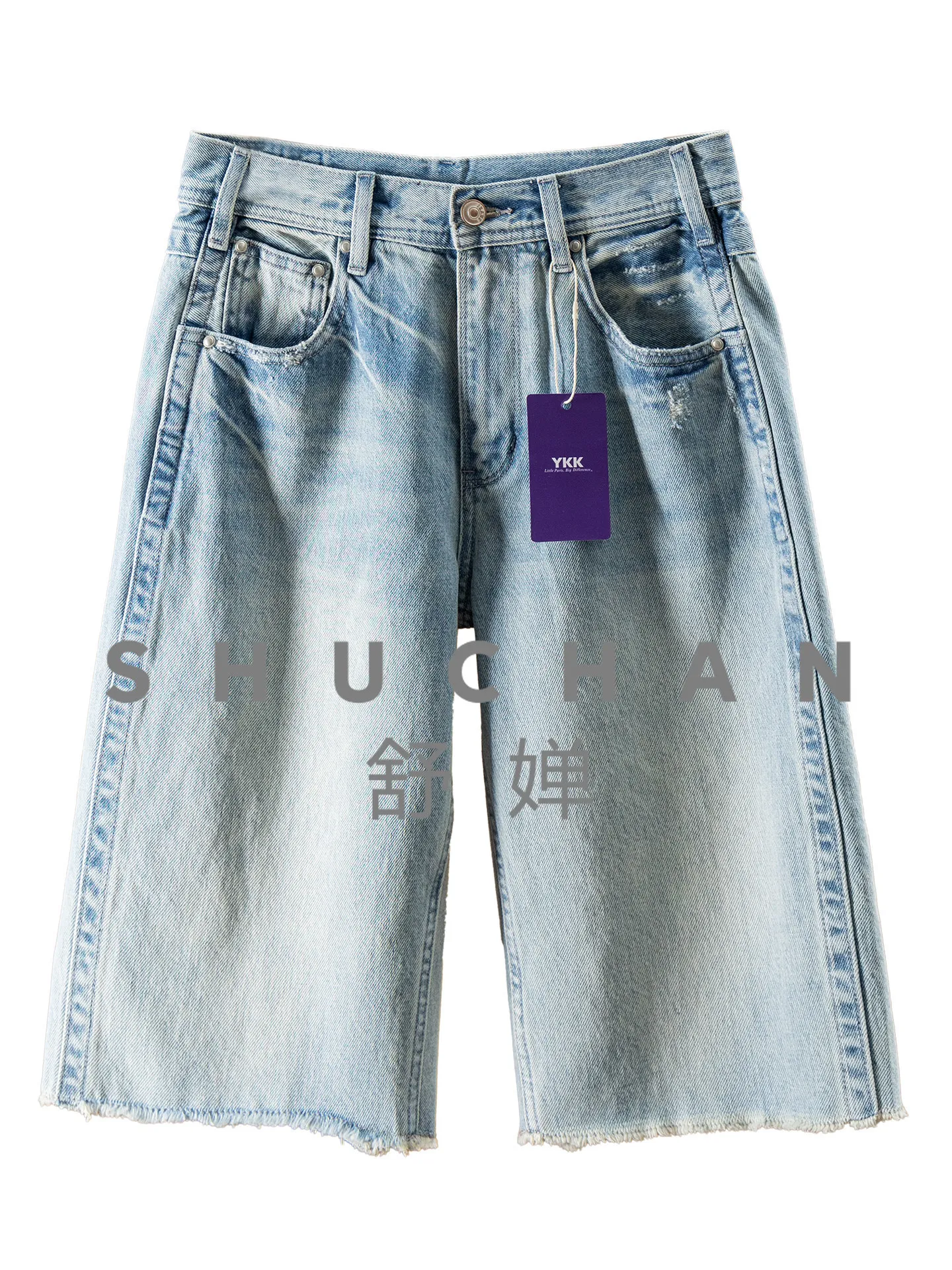 

Retro Style Still Trendy Rough Edge, French Denim Straight Wide-leg Five-point Pants Women 32J4
