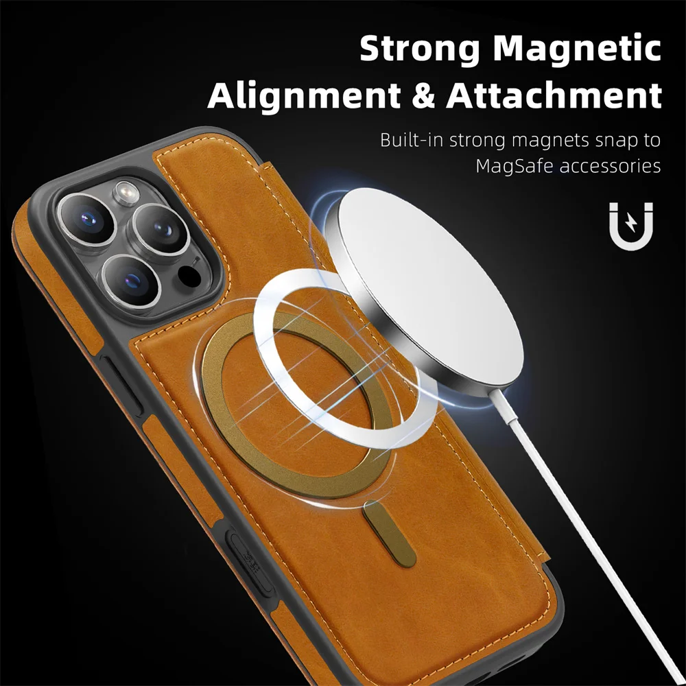 حافظة هاتف جلدية مغناطيسية لهاتف آيفون اير 17 16E 15 16 برو ماكس 14 13 12 11 فتحة بطاقة محفظة حقيبة مغناطيسية حامل الغطاء الخلفي