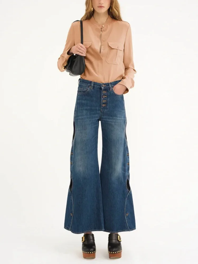 

pants y2k spring/summer wave edge cutout cropped wide-leg pants cotton women's jeans2024 high waist straight Woman trousers