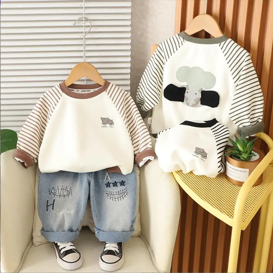 Ropa de otoño para bebés, conjuntos para niños pequeños, jersey con estampado de elefante a rayas, sudaderas con capucha y pantalones vaqueros, trajes de dos piezas para niños
