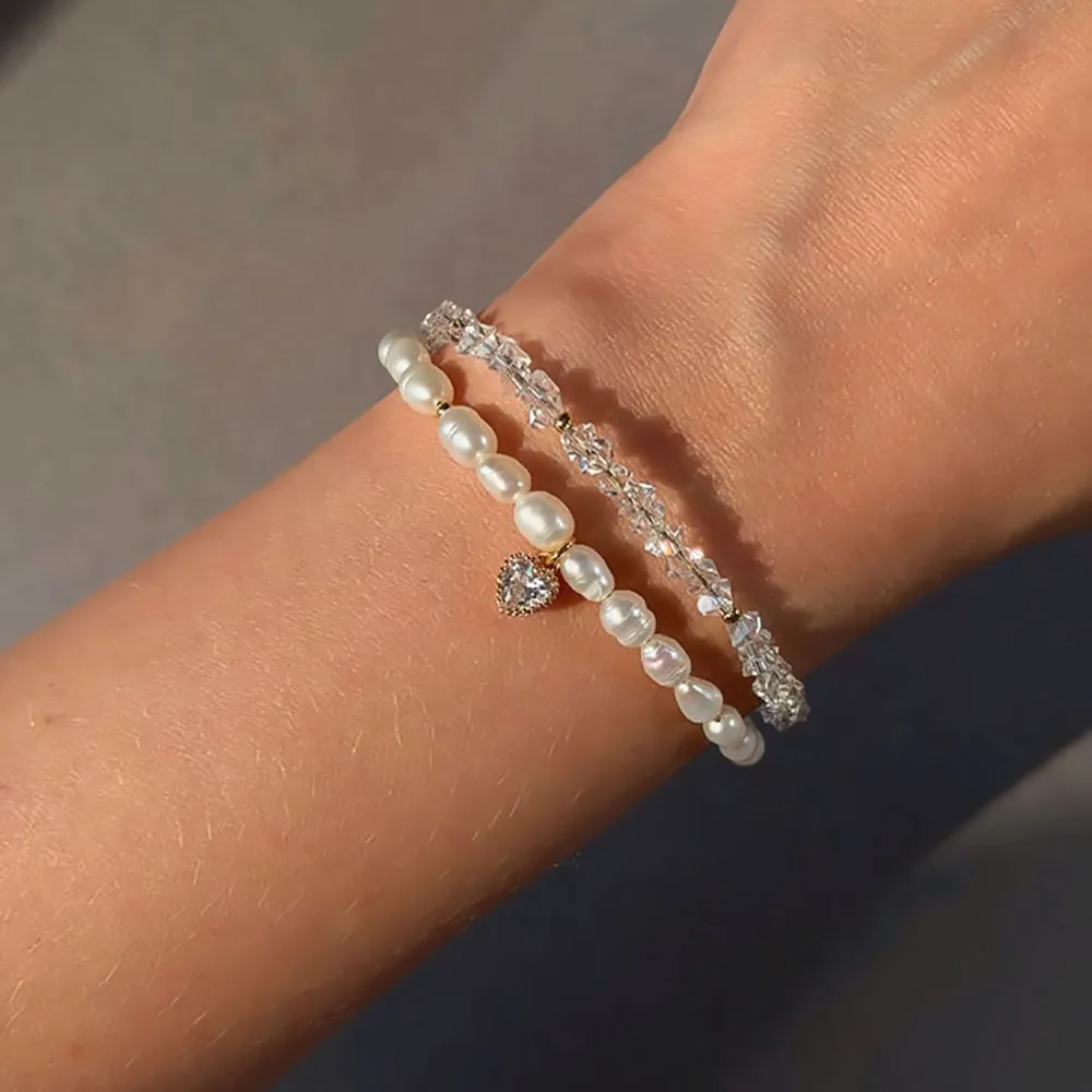 Fashion Bracelets For Women New Triangular Crystal Imitation Pearl Chain Sexy Zircon Heart Pendant Jewelry Valentine's Gift B077