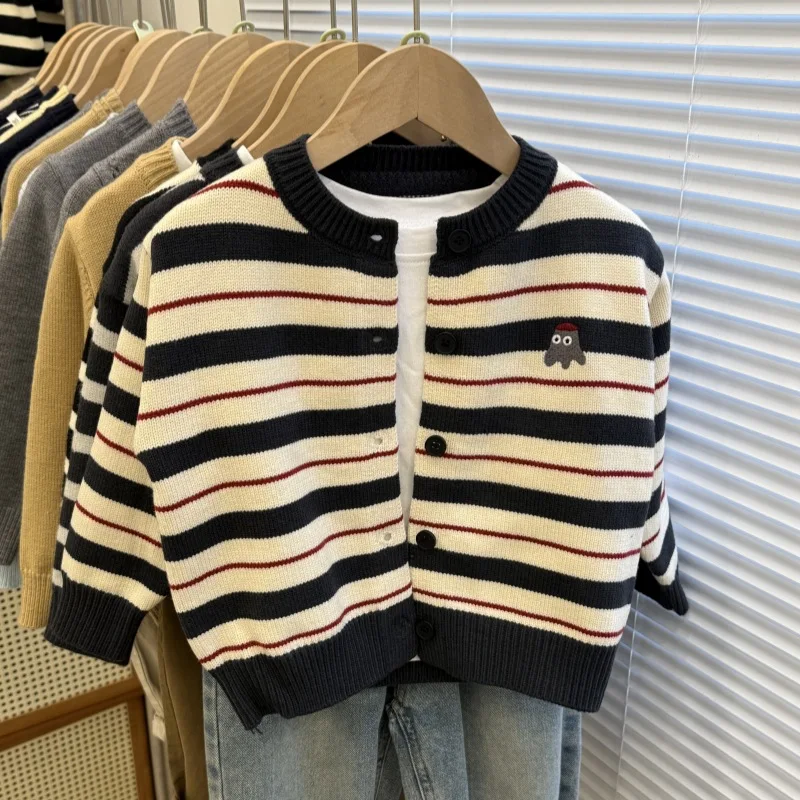 UNITIM 2-8Yrs Kids Boy Cardigan Autumn Children Boy Striped Sweater Coats Loose Round Collar Toddler Babys Boys Open Stitch Coat