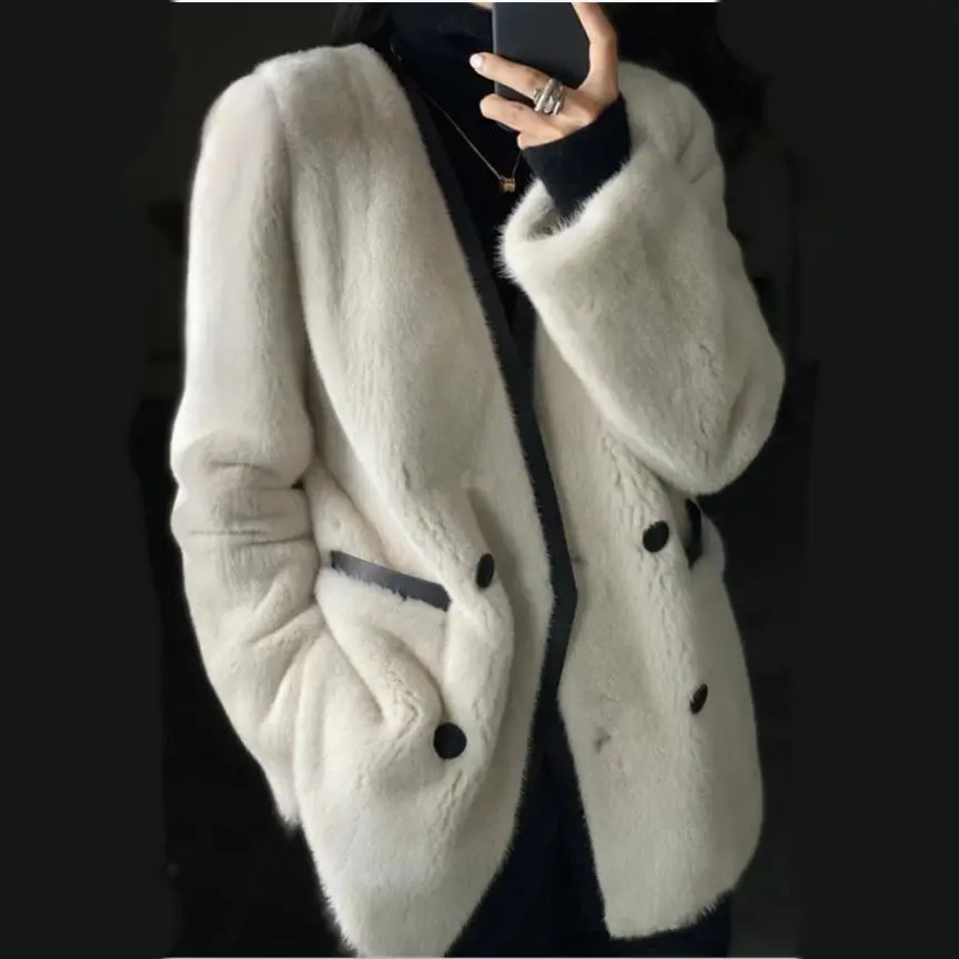 Plush Fur Coat Women's 2021 New High-end Foreign Style Korean Version Autumn and Winter V-neck Imitation Mink Coat