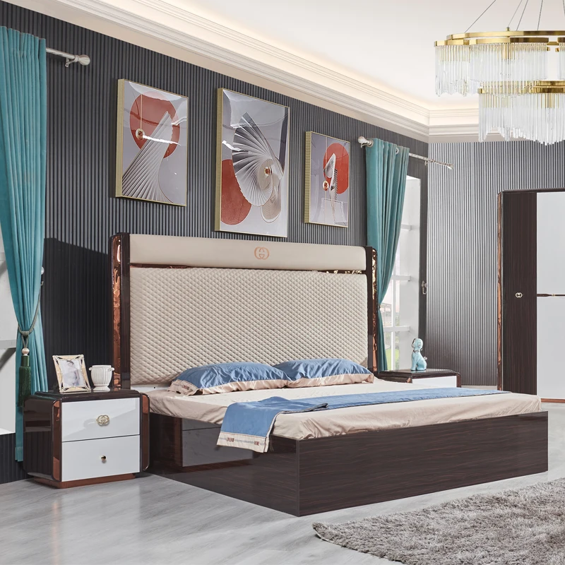 

&Italian Design Classic King Size Double Leather Bed Full Wholesale Queen Wooden Modern Luxury Bedroom Furniture Set