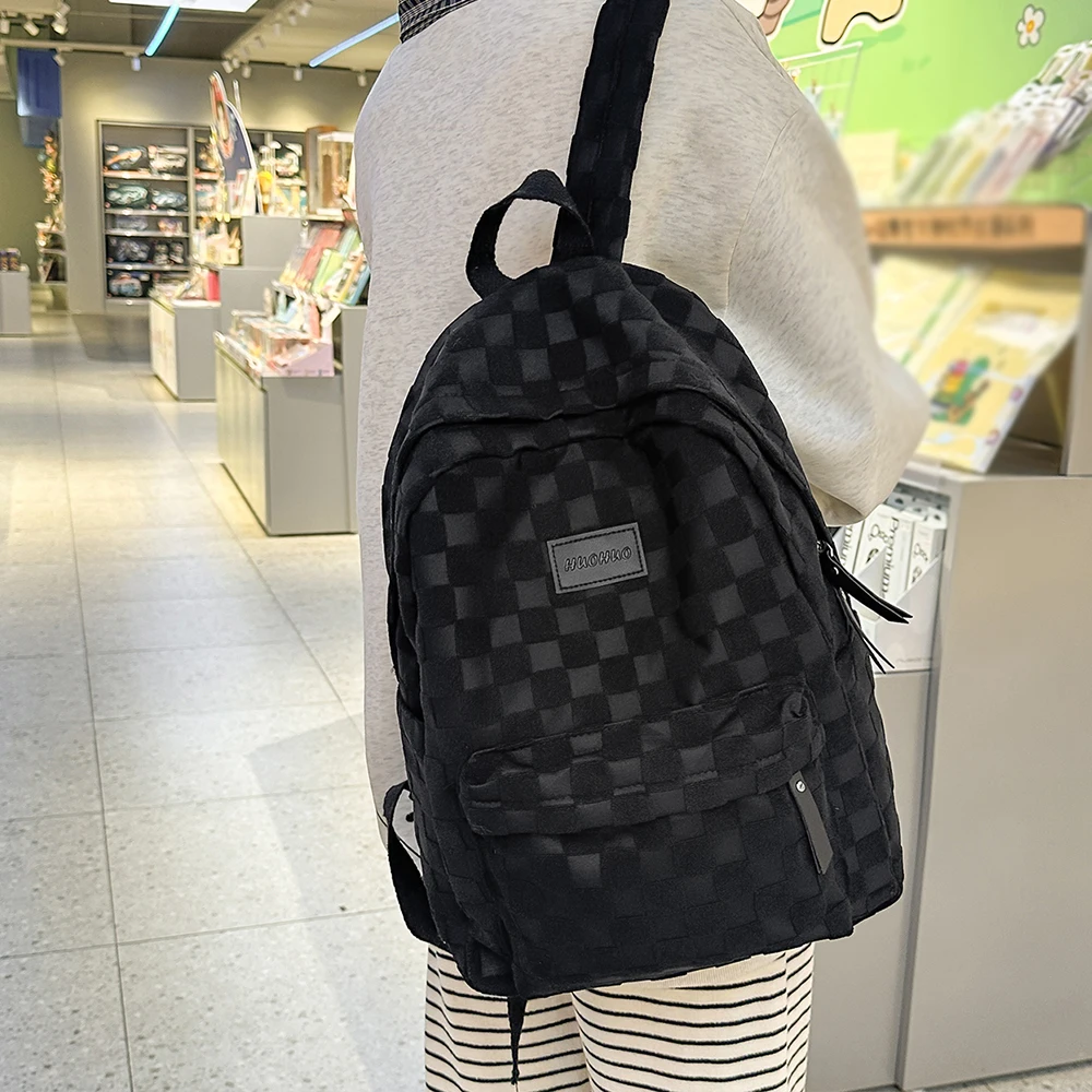 Backpack Rucksack Checkered Texture Soft Fabric Large Capacity Multi Pockets For Daily Commute Weekend Outing
