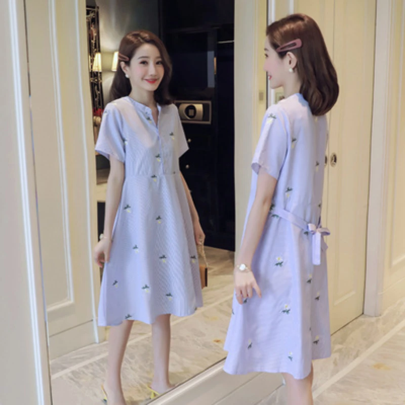 Women Maternity Dresses Pregnancy Dress Summer Fashion Striped Embroidered Plus Size Breastfeeding Dress Clothes