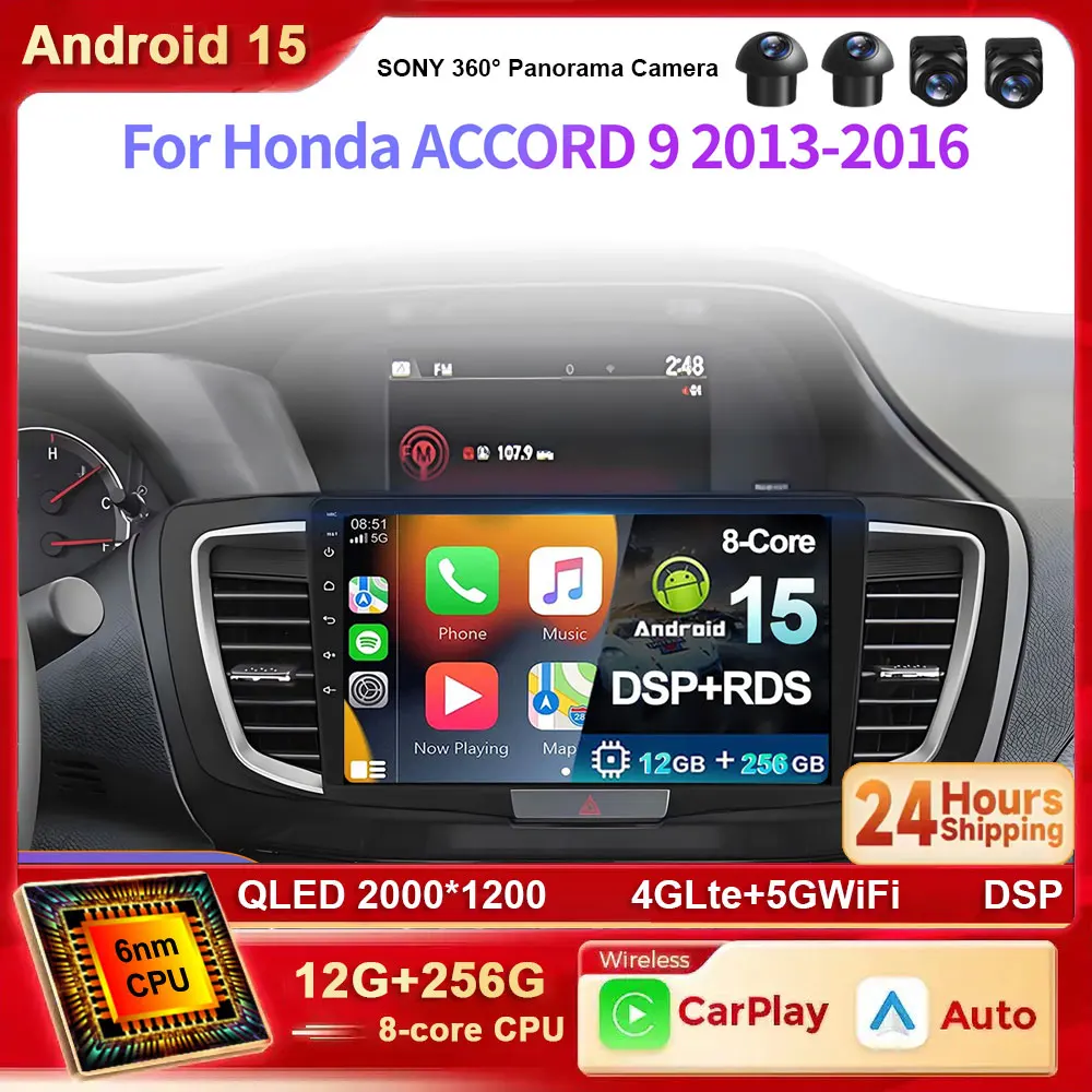Android 15 2K CarPlay Radio de coche para Honda Accord 9 2013 2014 2015 2016 2017 navegación Multimedia GPS vídeo estéreo 4G WIFI BT Au