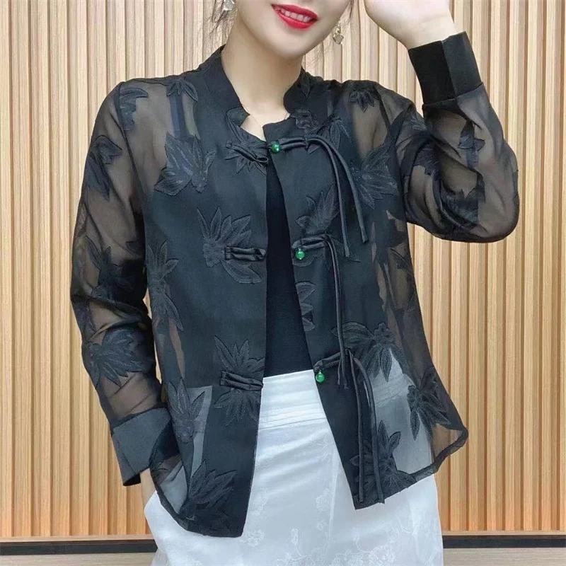 

Женский шифоновый халат в ретро стиле, свободная дышащая рубашка в стиле Ципао с пряжкой для защиты от солнца, лето 2024