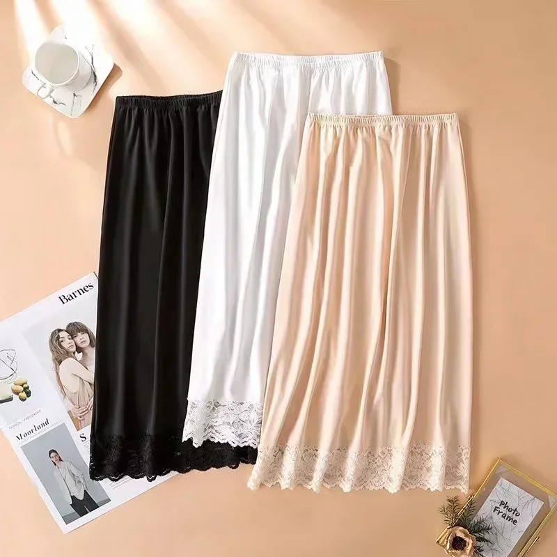 Underskirt Half Slips Dress for Women Summer Thin Ice Silk High Waist Elastic Anti-Penetrating Underskirt Lining Lace Innerwear