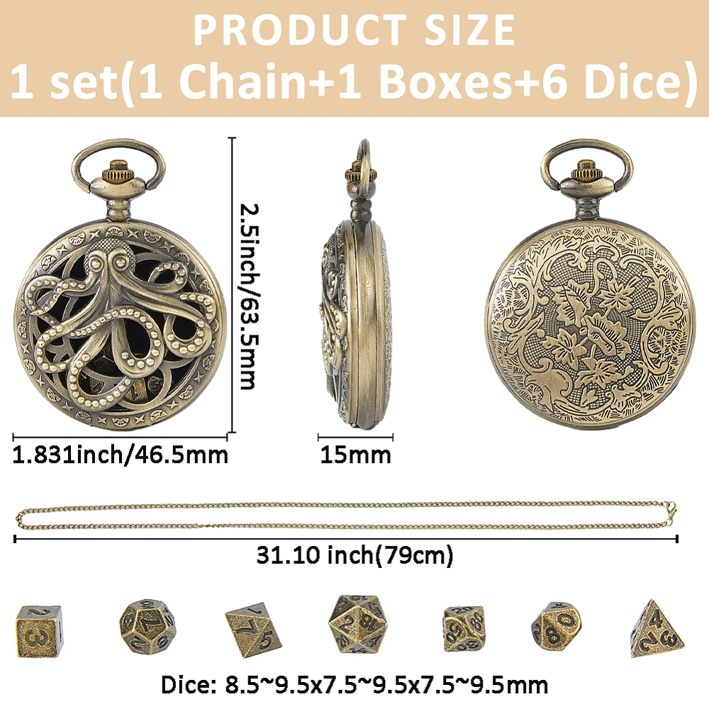 1Pc Mini DND Dice Set Bronze Octopus Mechanical Pocket Locket Pendant Necklace with 7Pcs Dices Role Playing Game Board Game