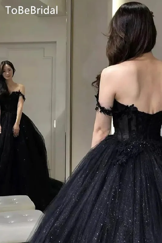 Black Shiny Tull Prom Dress Applique Off Shoulder Sweet Long Formal Wedding Party Dress Elegant Women\'s Evening Gowns Customized