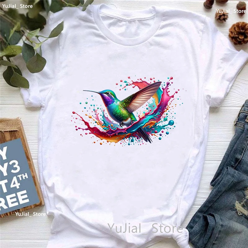 Colorful Hummingbird Printed Tshirt Girls Harajuku Kawaii Clothes Summer Fashion Short Sleeve T-Shirt Femme White Casual T Shirt