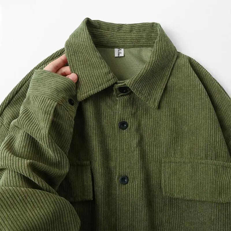 

Autumn Winter Large Size 300 Pou Hong Kong Sle Retro Corduroy Long Sve Men's Loose Outerwear irt Trendy Brand