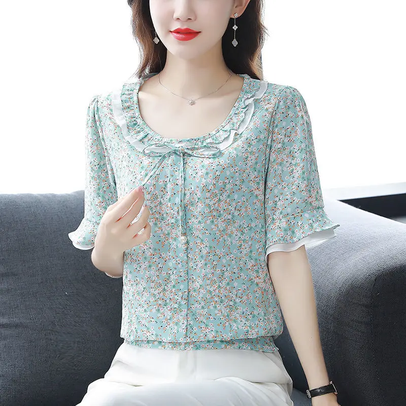 2023 Summer New Loose Fit Lacing Pullover Women\'s Blouse Fashion Round Neck Patchwork Ruffles Fragmented Printed Chiffon Shirt