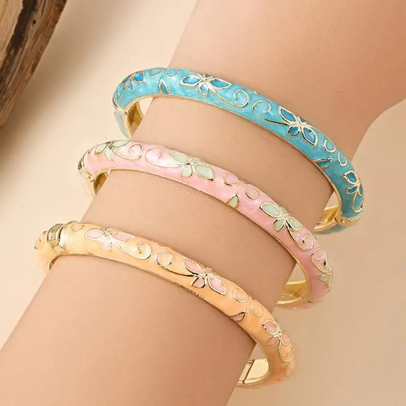 Handcrafted Enamel Cloisonne Bangle Vintage Floral Design Golden Trim Stylish Jewelry for Girls Daily Wear Casual Outing Gift