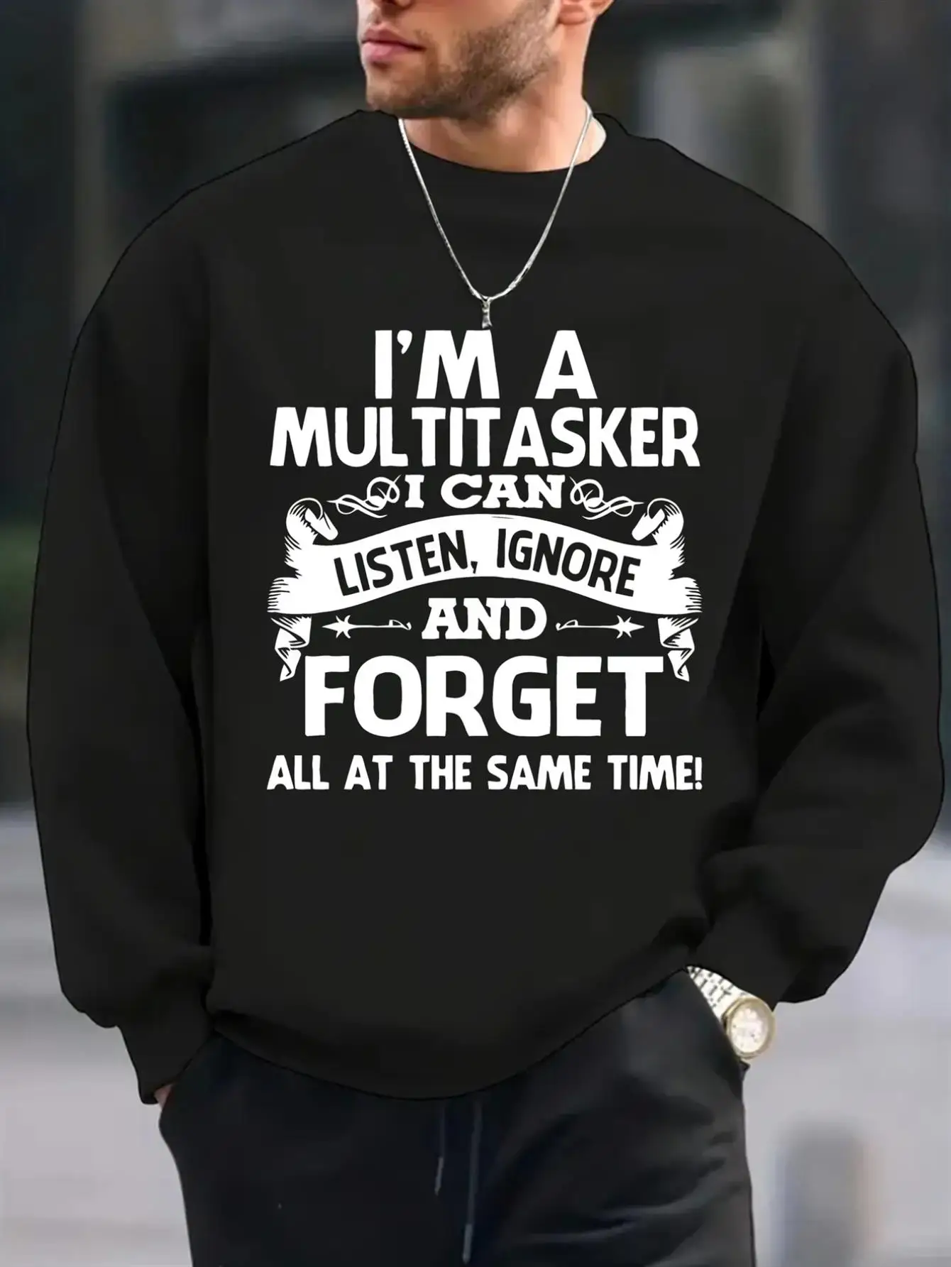 

Men's Funny Quotes Sweater - "I'm a Multitasker" Satirical Productivity Humor Pullover - Black Crew Neck Lo