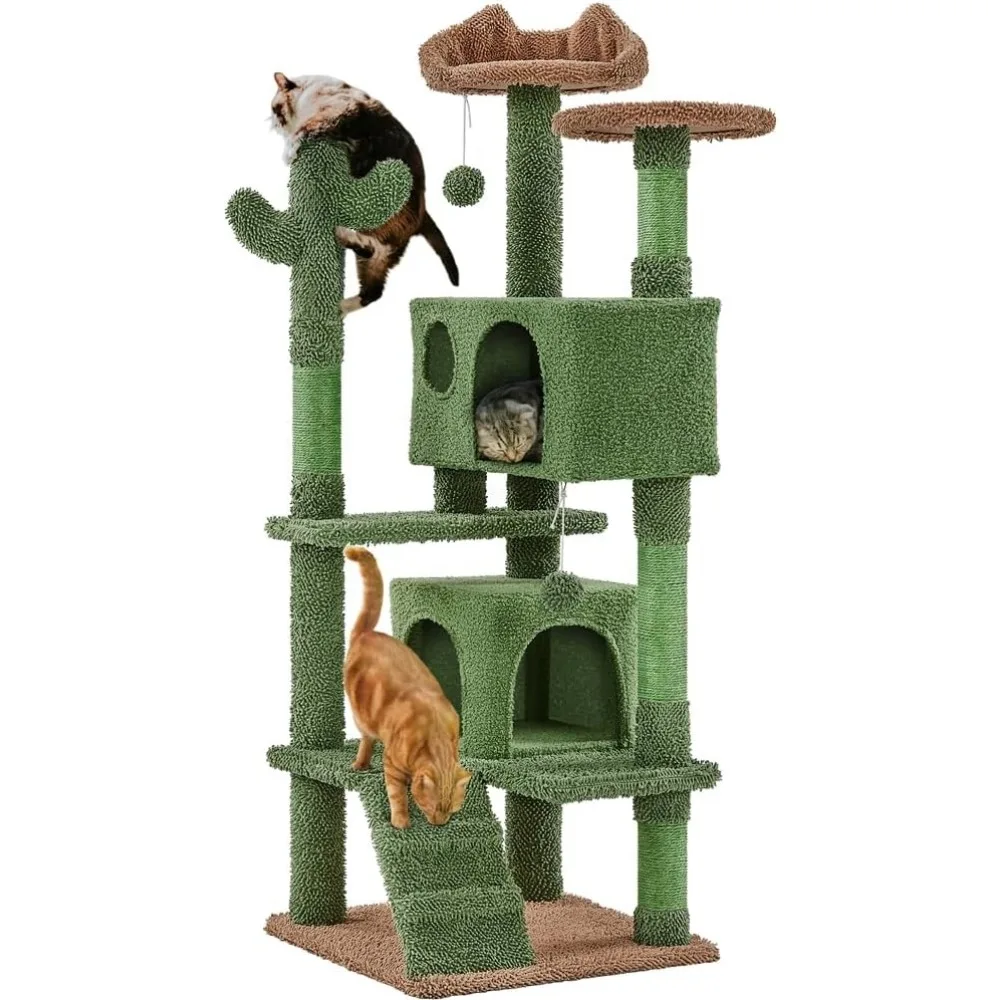 

Cactus Cat Tree, 54.5in Tower w/Ramp, Animal-Ear Shaped Perch, Scratching Posts, Platform & Hanging Ball, Multi-Level